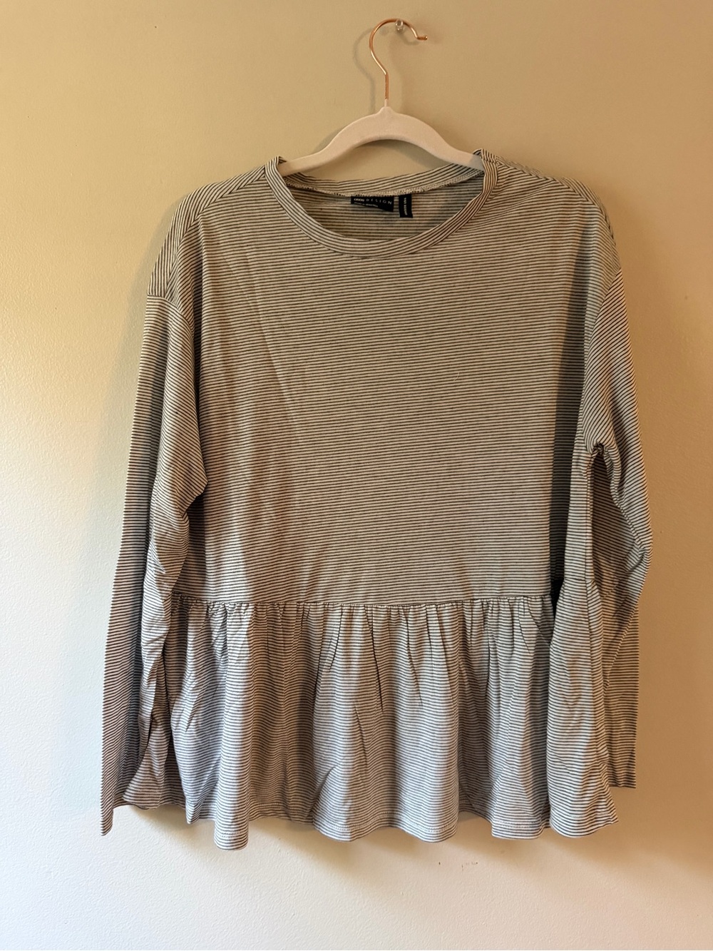 ASOS- Gray & White Striped Long-Sleeve Ruffle Hem Top